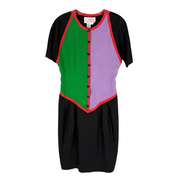 Oscar de la Renta Dresses & Skirts - Vintage Oscar de la Renta Dress Womens Size 8 Linen Colorblock Drop Waist 80s